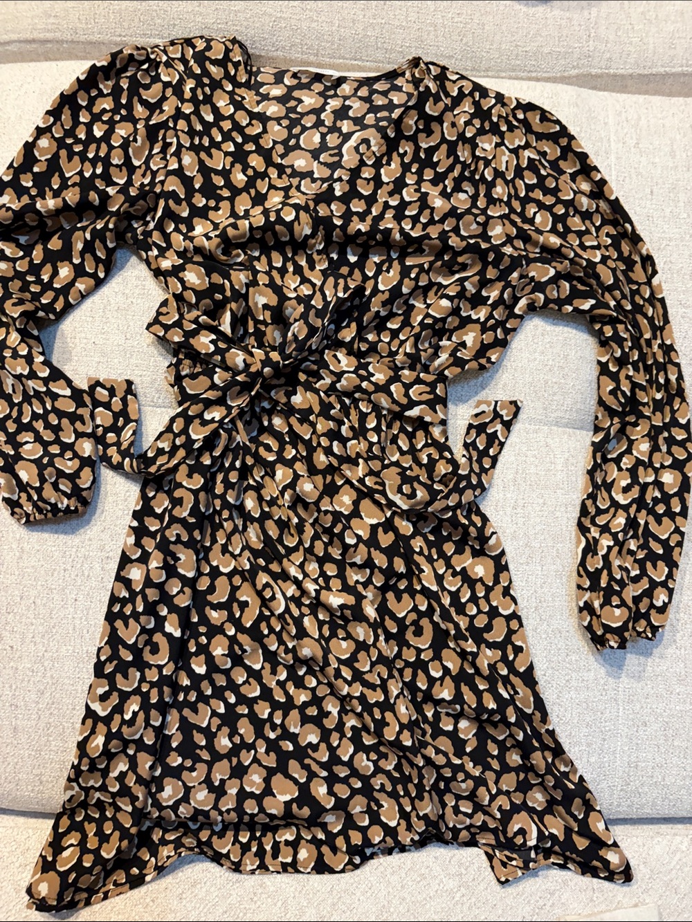 Kaileigh Black and Tan Leopard Print Wrap Dress